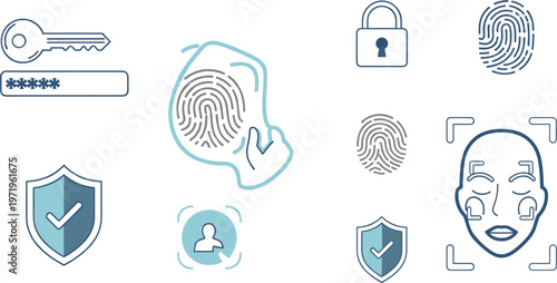 Biometric security icons set with fingerprint face recognition password lock and identity verification symbols flat vector illustration