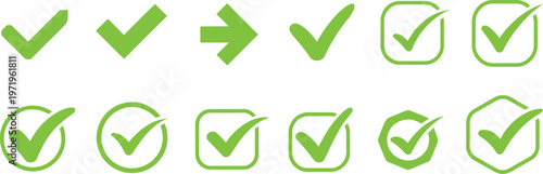 Green check mark icon vector set, approval success symbols, flat minimal design, editable scalable illustration, UI UX elements pack