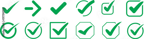 Green check mark icon vector set, approval success symbols, flat minimal design, editable scalable illustration, UI UX elements pack