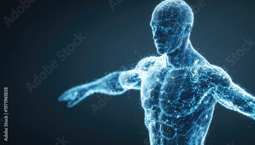 Digital human body composed of glowing blue energy particles