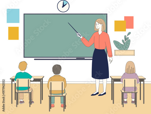 Illustration of a teacher instructing students in a classroom, featuring a blackboard and desks