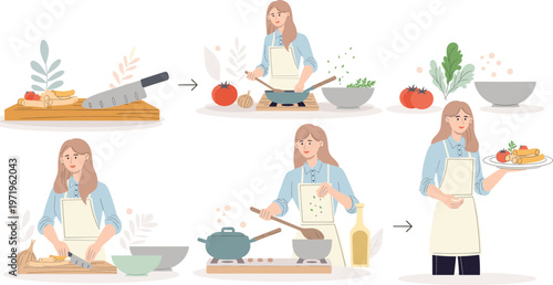 Illustrations depicting the process of preparing a meal from fresh ingredients to serving