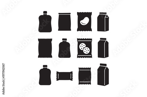 Black silhouette icons representing various packaged foods and beverages