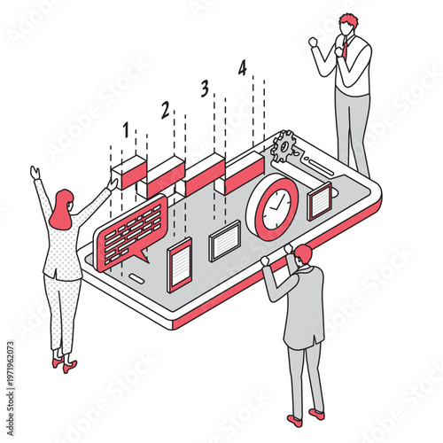 プロジェクト管理ツールを操作するビジネスチームのアイソメトリック線画イラスト