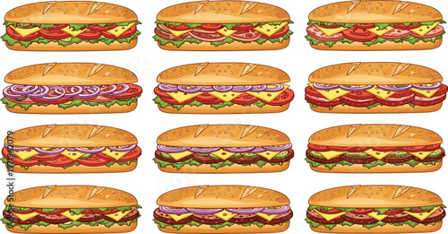 Illustration Set of Sandwiches with Various Fillings Including Meat, Cheese, Vegetables, and Sauce for Food, Fast Food, and Lunch Designs