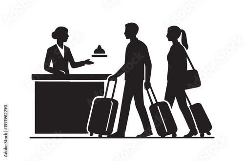 Guests checking in at a hotel reception desk with luggage