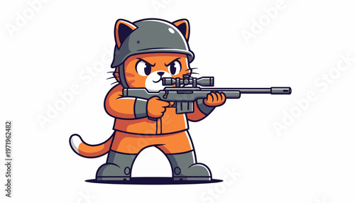 Determined cartoon cat soldier wearing a tactical helmet and aiming a high-powered sniper rifle, showcasing focus and preparedness for a mission or a challenging task