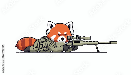 Cute red panda in military gear, aiming a sniper rifle with precision. Adorable animal character in a tactical, focused role, combining charm and readiness