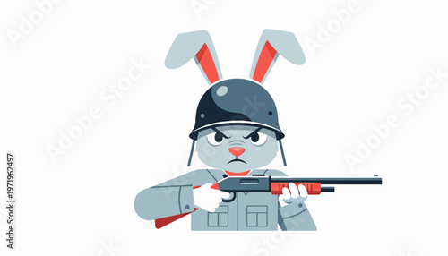 Angry cartoon rabbit character wearing a combat helmet, gripping a powerful shotgun. This illustration embodies a determined warrior spirit, ready for action, a unique conceptual design