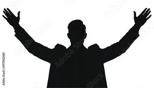 Silhouette of a man in a suit with arms outstretched upwards, isolated on a white background, symbolizing.