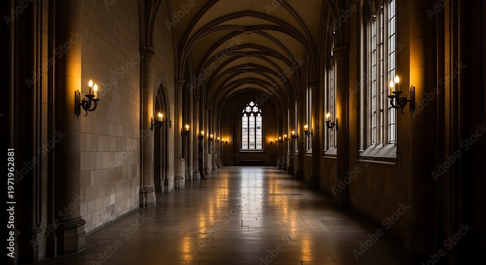 Obraz premium Elegant arched hallway with warm lighting and architectural details