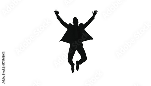Energetic man in silhouette jumping high with arms raised, expressing pure joy and freedom.