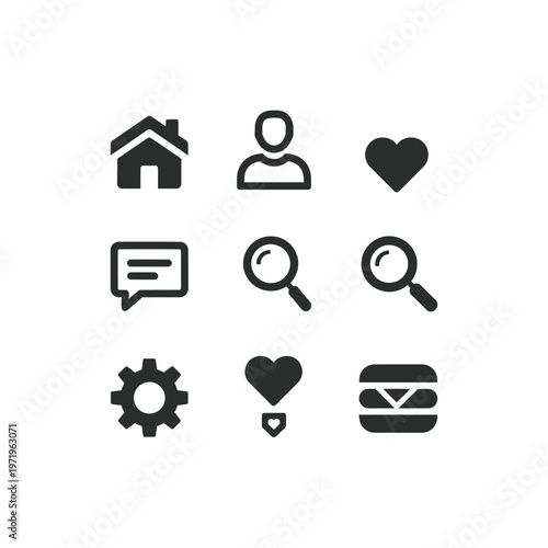 Collection of essential user interface icons for web and mobile applications.