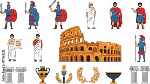 Illustration Set of Ancient Roman Soldiers, Colosseum, Columns, and Cultural Symbols for History, Architecture, and Classical Design Projects
