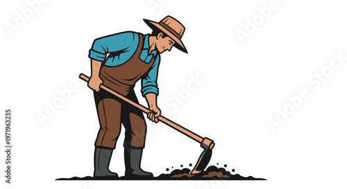 Man in a hat and overalls using a hoe to cultivate soil in a garden or farm.