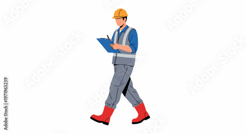 A male construction worker or inspector wearing a hard hat, safety vest, and boots, walking while holding a clipboard and pen, on a white background.