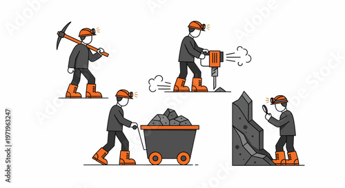 A set of illustrations depicting various stages of mining operations, including digging with a pickaxe, using a jackhammer, transporting coal in a cart, and inspecting rock formations.