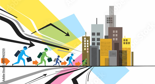 Stylized illustration of people with briefcases walking towards a modern city skyline with abstract arrows and colorful geometric patterns, representing urban migration and economic trends.