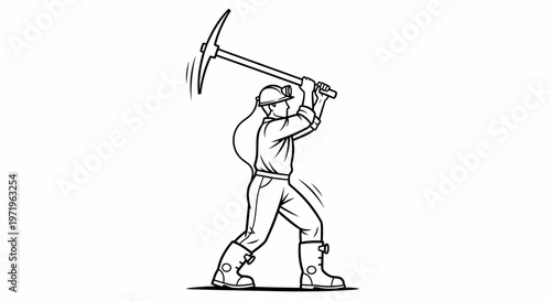Black and white line drawing of a worker in a hard hat and boots swinging a pickaxe overhead, engaged in manual labor.