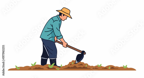 A farmer wearing a hat and blue shirt is using a hoe to cultivate the soil in a field with small green plants.