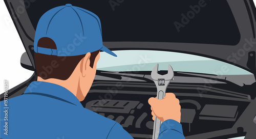 A mechanic in a blue uniform and cap inspects a car engine with a wrench, working on vehicle maintenance and repair.