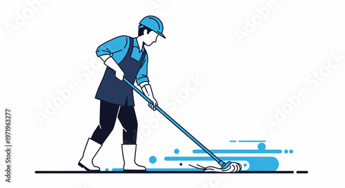 Illustration of a cleaner mopping a floor with a long-handled mop, wearing a cap, apron, and boots, depicting professional cleaning services.