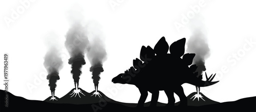 Stegosaurus Silhouette Walking Past Industrial Pollution on Black Landscape