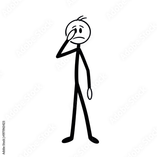Sad Stick Figure Man with Hand on Face.