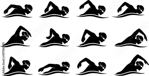 Swimming silhouettes, Swimmer silhouette, Woman swimming silhouette, Swimmer svg, Backstroke swimmer silhouette, Swimming svg, Swimming goggles silhouette, Swimmer icon bundle 
