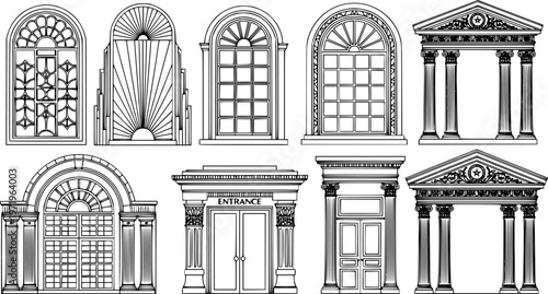 Art Deco arch window and door frames, entrance doorways, and gateways, featuring modern architectural line drawings. Ancient classical architecture with arched doors reminiscent of Medieval temples, 