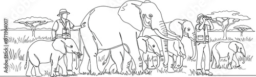 elephant and mahouts in savannah