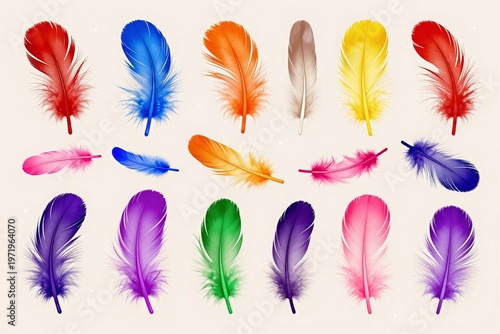 a set of colorful feathers on a brown background
