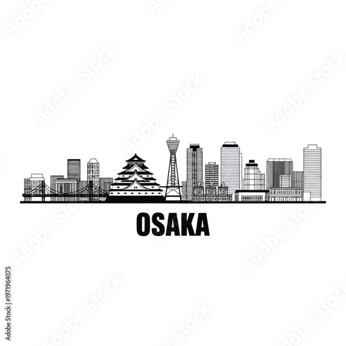 Osaka skyline illustration a detailed black and white cityscape design