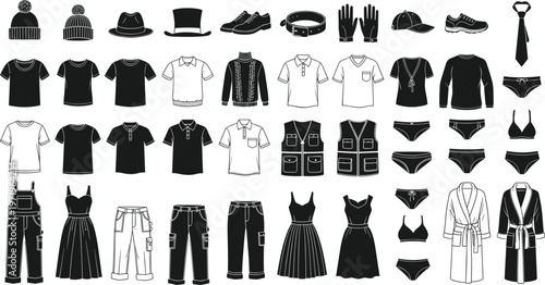 Clothing icons set, fashion apparel collection, men and women garments, casual wear vectors, shirts pants dresses accessories, line art isolated on white background, professional illustrations.