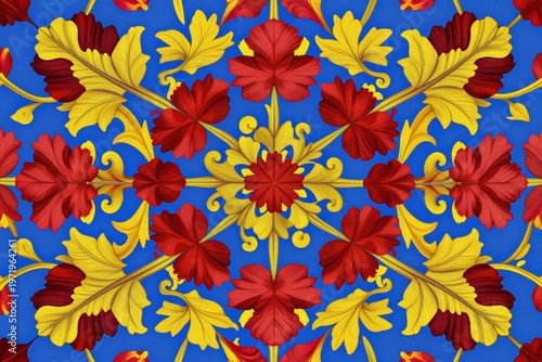 a red, yellow and blue kaleidoscope pattern on a blue background