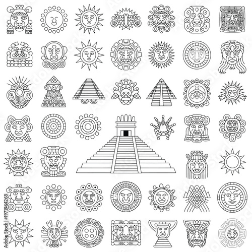Ancient mayan and aztec symbols glyphs and temple illustrations collection