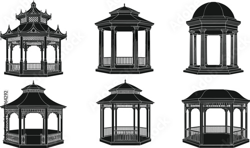 Gazebo silhouette vector illustration set, garden pavilion icons, outdoor structure graphics, architectural park elements, wooden pergola designs, isolated on white background, professional stock art.