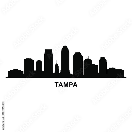 A stark black silhouette of the tampa skyline against a white background
