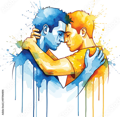 Gay Couple Embracing Face to Face Watercolor Illustration