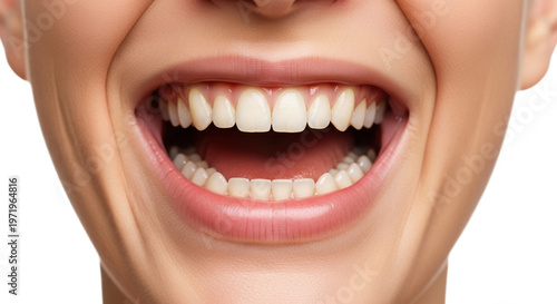 A close-up of a person's face with a bright smile showing white teeth on transparent background