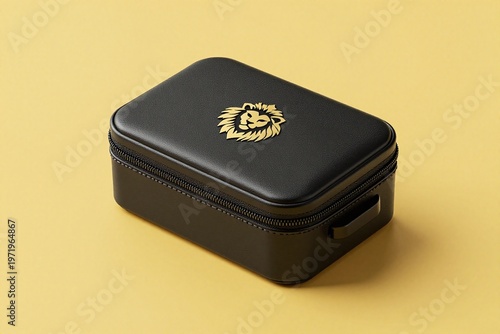 A small black box with a gold emblem on it