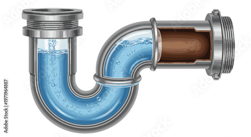 Illustration of Plumbing Pipe System with Flowing Water Showing Drain, U Bend, and Connection for Sanitation, Maintenance, and Engineering Designs