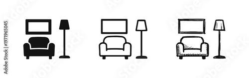 Home Interior Elements Icons - Chair, Lamp, and Wall Art Symbols in Different Styles