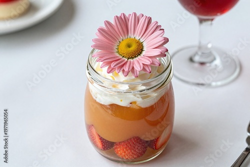 A small glass with a pink flower on top of it