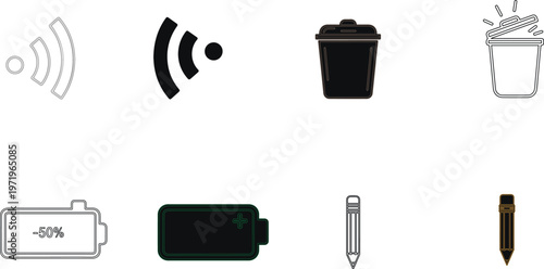 Minimalist digital icon set featuring wireless wifi signal trash bin battery level and pencil symbols for web and mobile interface design