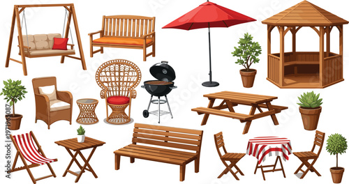Illustration Set of Outdoor Garden Furniture Including Bench, Swing, Table, Chairs, Umbrella, and Gazebo for Patio, Backyard, and Landscape Designs