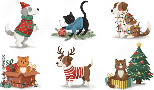 Vector Set of Cute Christmas Animals Including Dogs and Cats Wearing Holiday Sweaters, Playing with Decorations, and Sitting by a Christmas Tree