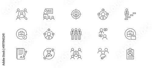 Headhunting Icon Set containing recruitment, training, headhunting, skills, career, job, expert, human resources, interview, portfolio, contract, diploma, candidate, vector icons