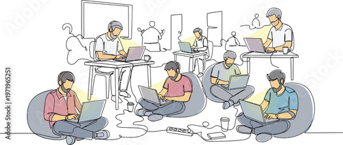 men sitting on bean bags working on laptops