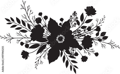 Detailed floral bouquet silhouette with central flower blooming surrounded by wild leaves berries and decorative botanical stems.